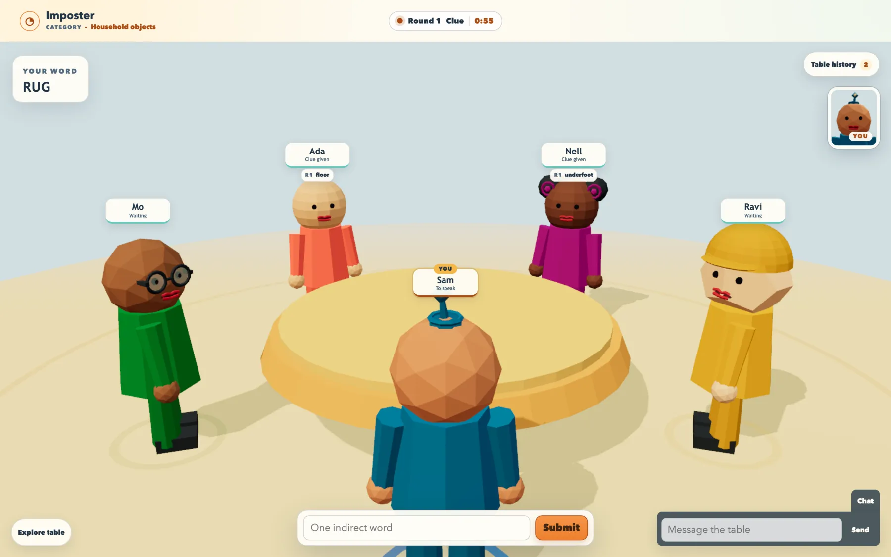 Five players standing around a round table in the game. A card in the top corner gives the local player their secret word, the header counts a minute down beside the round, two players carry the clue they already gave on a tag above them, and a box at the bottom waits for one indirect word.